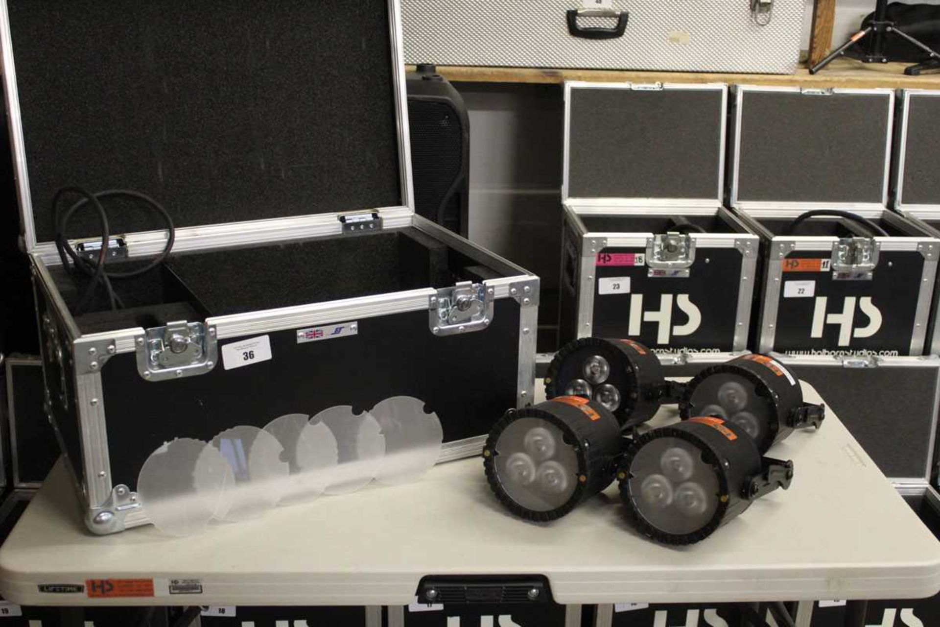 +VAT Set of four Astera AX5 Triple PAR spotlights with associated cable in flight case