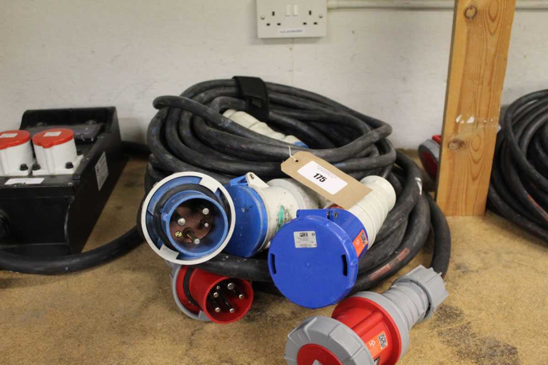 +VAT Three large heavy duty power cables, 3 phase and single phase