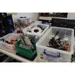 +VAT Five plastic boxes containing various lighting weights, clamps, fixings, connectors etc.