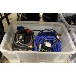 +VAT Plastic crate containing various 240V electrical cables and a splitter unit 16 Amp