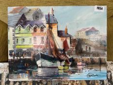 Unframed painting of a harbor scene scene, signed by the artists Terry Burke
