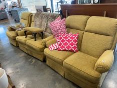 Parker Knoll lounge suite upholstered in a mustard yellow fabric and comprising of 2 x 2 seater