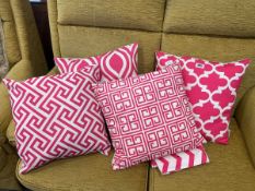4 patterned pink and white scatter cushions together with 1 further cushion cover