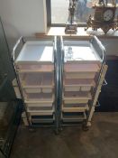 2 mobile metal framed hairdresser trolleys with sliding plastic drawers