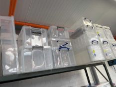 +VAT Shelf containing a large qty of mixed size transparent storage boxes