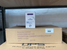 +VAT Box containing 20 packs of Consortium 50 piece ball point pen sets in purple