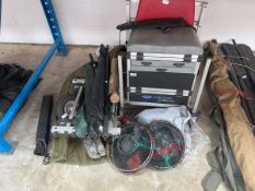 Large quantity of mixed fishing related items to include a Faps fishing tackle/seat box, a tackle