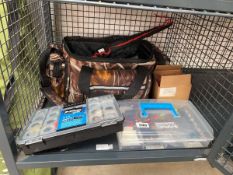 Cage containing a quantity of mixed fishing related tackle to include floats, line, tackle bag etc.