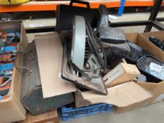 Toolbox with tools; spanners, screwdrivers, saws, vintage wooden toolbox etc.