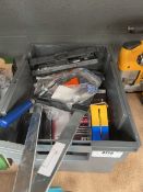 +VAT Crate; bench clamps, circular saw blades, drill batteries, socket & wrench set, screws etc.