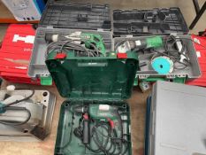 +VAT 240v Hitachi G12SR3 angle grinder, cased, Hitachi DH24PC3 240v demolition hammer, cased, and