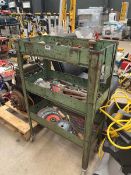 3 tiered 4 wheeled metal work shop trolley with tools to include spanners, hammers, screwdrivers,