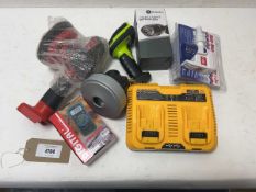 +VAT Bag containing a quantity of electrical items including battery charger, digital multimeter