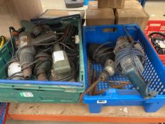 3 crates of tools; Bosch angle-grinders and sanders, concrete breakers, drills, hammers, pickaxes