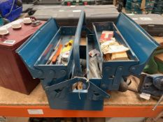 Metal toolbox with tools; brushes, hammers, screwdrivers, pliers etc.