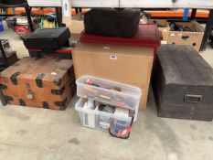 Under bay of items to include wooden tool boxes, nails, screws, screw drivers, boxed stool, large
