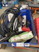 Plastic crate; pressure washer gun & pipe, vintage motor, hose etc.
