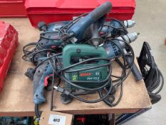 +VAT Selection of tools to include 5 Bosch 240v hammer drills and Bosch PST53A jigsaw with 2 prong
