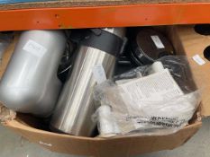 Box of mixed items, including toaster, mixers, thermos flasks