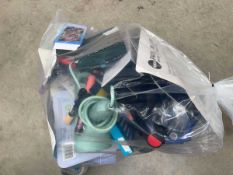 +VAT Bag of mixed items including pens, mini fans, kitchen tools etc.
