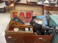Box and suitcase containing shellac records plus LP's, number plates, metal sign and lanterns and
