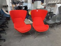 +VAT Pair of Orangebox wingback lounge chairs on chrome legs in red