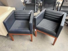 +VAT Pair of David Linley walnut framed and black leather upholstered 'Dice' armchairs