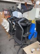 +VAT 4 Senator Evolve black office chairs (3 with black cloth seat pad, one with leather seat pad)