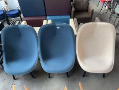 +VAT 3x Large lounge type chairs, 2x in blue cloth, 1x in cream