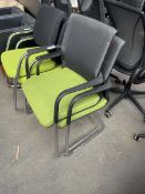 +VAT 2x Orangebox cantilever stacking chairs with charcoal mesh back and green cloth seated pads