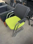 +VAT 2x Sedus cantilever stacking chairs with black mesh back and green cloth seated pads