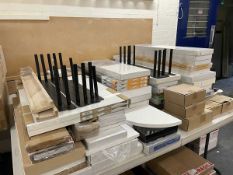 +VAT Large quantity of miscellaneous floating shelves and accessories (on top of the two tables)