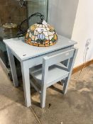 Blue painted child's desk with lift up lid and matching chair