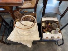 2 boxes of metalwares and other homewares including baskets, cushions, etc