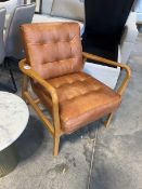 +VAT Hardwood framed easy chair with brown leather upholstered seat and back