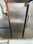 +VAT Hisense single door upright fridge in a stainless steel finish