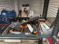 +VAT Cage of tooling to incl. tape measures, corner clamps, block plane, saw blades etc.