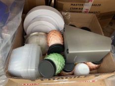 +VAT Box of various household items including candles, plastic tubs, KitchenAid knife block, etc.
