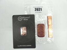 +VAT 1oz fine copper bar, 20g copper bar and 110g hand poured copper bar