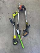 Worx electric strimmer, Ryobi electric strimmer and a G-Tech electric hedge trimmer
