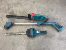 Makita cordless hedge trimmer, Bosch cordless hedge trimmer and a Makita cordless strimmer