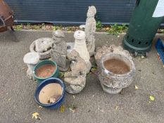 2 terracotta plant pots, concrete statues and bird baths of a lady, a boy, a dog, frogs etc.