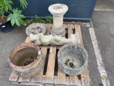 One concrete plant pot, a terracotta plant pot, a bird bath and a statue of a lady