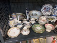 Cage containing a quantity of coffee cups and saucers, plus dishes, candlestick and teapot