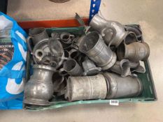 Box containing qty of pewter ware flagons and candlesticks