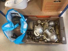 2 boxes containing copper brass and pewter to include candlesticks, kettle, various dolls and jugs