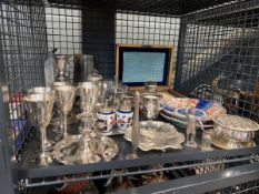 Cage containing a cruet set, Imari plate, fish knife and fork set, silver plated goblets,