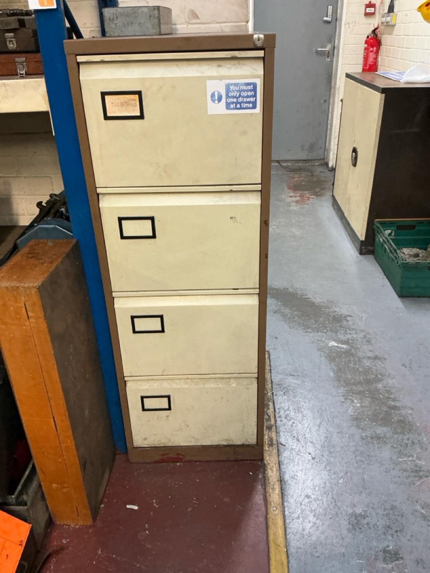 2 x two tone brown four drawer filing cabinets and one low two tone brown double door cupboard - Image 2 of 3