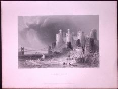 Conway Castle Quay Wales WH Bartlett 1842 Antique Steel Engraving-90