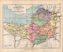 County Somersetshire 1895 Antique Victorian Detailed Coloured Map.